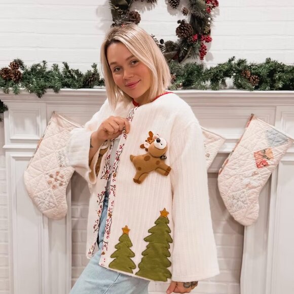 HAndmade Christmas Reindeer Cardigan OS - Picture 1 of 9